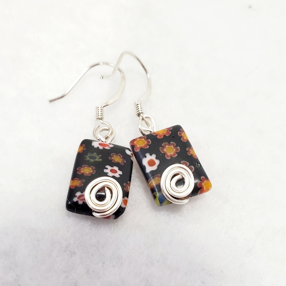 Black Flower Wire Wrap Earrings